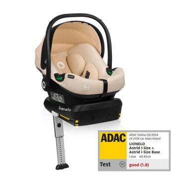 Scoica auto, Lionelo, i-Size Astrid, Include baza Isofix, 0-13 Kg, 40-87 cm, Cu maner si capotina reglabile, Cu protectie laterala avansata, Salteluta confortabila, Testat ADAC, Conform cu R129, Bej